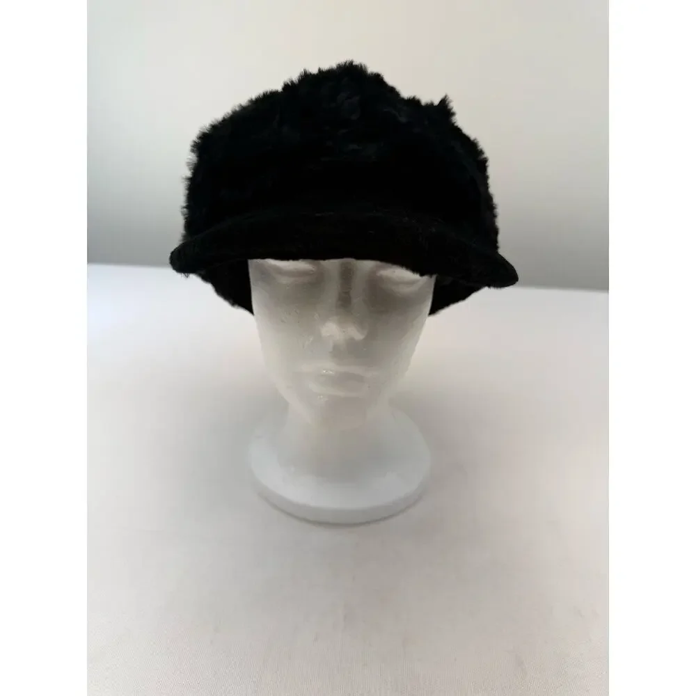 Vintage Y2K Express Black Rabbit Fur Pageboy Hat Satin Lined One Size
